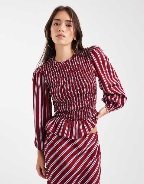 Wednesday's Girl detail shirred puff long sleeve blouse in navy and burgundy stripe - view 1
