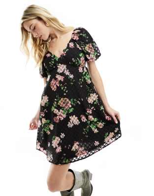 Wednesday’s Girl devore puff sleeve mini dress in black floral