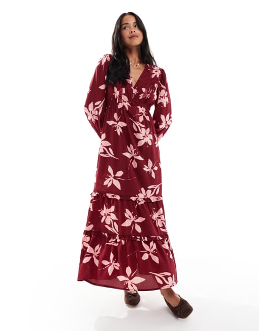 Wednesday's Girl - Diepuitgesneden midaxi jurk met bloemenprint in bordeauxrood