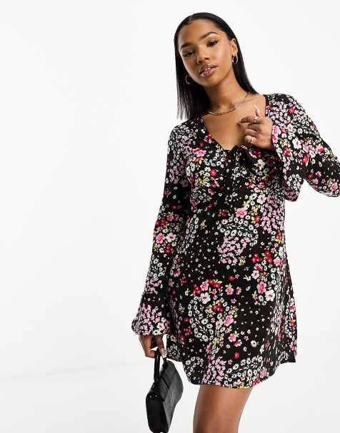 Black floral dress with sleeves sales