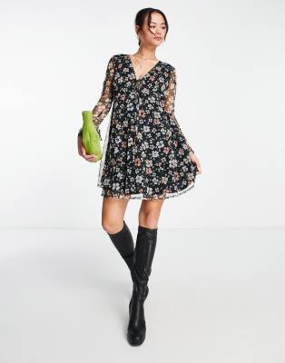 Wednesday's Girl ditsy floral mesh mini dress with fluted sleeve in navy