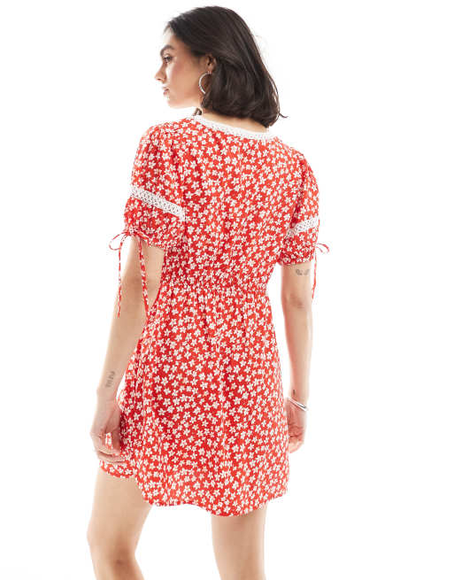 Wednesday's Girl ditsy floral mini tea dress in red ASOS