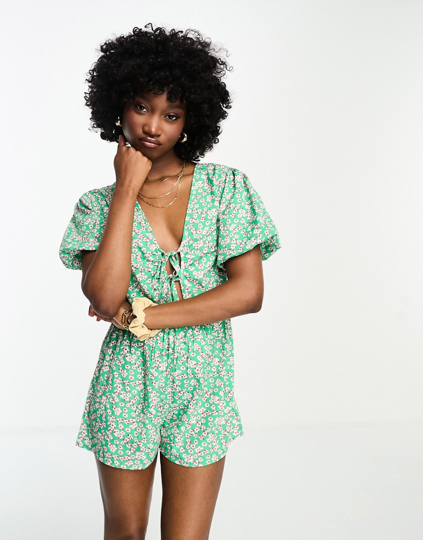 Wednesday’s Girl ditsy floral print ruche front playsuit in green
