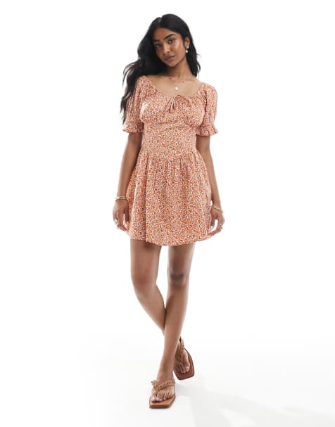 Wednesday's Girl ditsy floral puff sleeve mini dress in orange multi - view 1