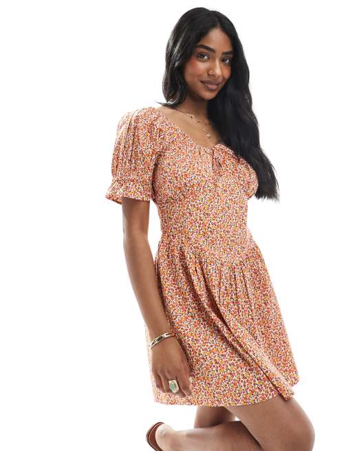 open lace back dress Orange Multicolor Floral Puff Sleeve Dress · Filly Flair main image 0