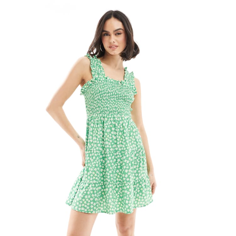 Wednesday's Girl ditsy floral shirred bust mini dress in green ASOS
