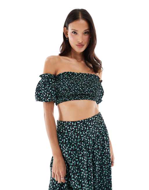 Wednesday's Girl ditsy floral shirred off-shoulder top in black (Part of a set)