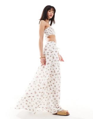 Wednesday's Girl ditsy floral tiered boho maxi skirt in white