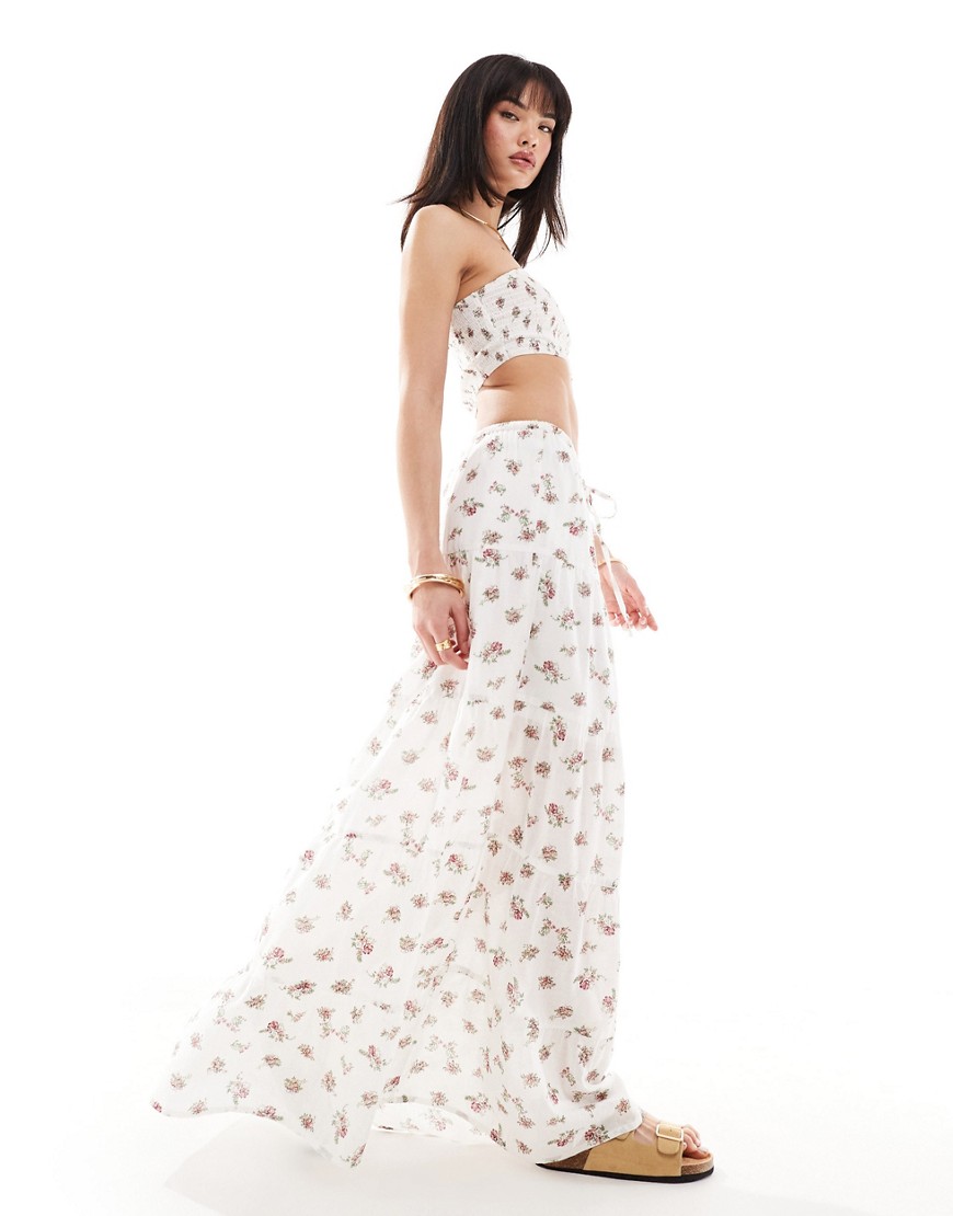 Wednesday's Girl ditsy floral tiered boho maxi skirt in white