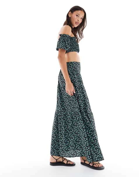 Wednesday's Girl ditsy floral tiered maxi skirt in black co-ord - view 1