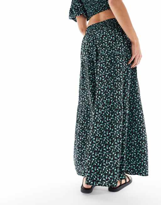 Wednesday's Girl ditsy floral tiered maxi skirt in black co-ord