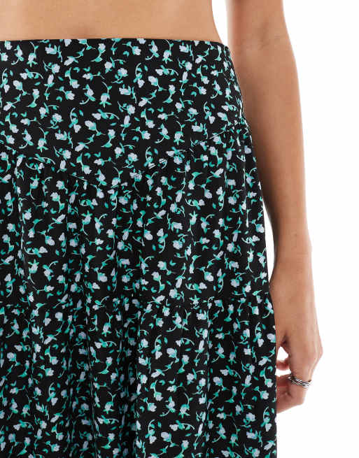 Wednesday's Girl ditsy floral tiered maxi skirt in black co-ord