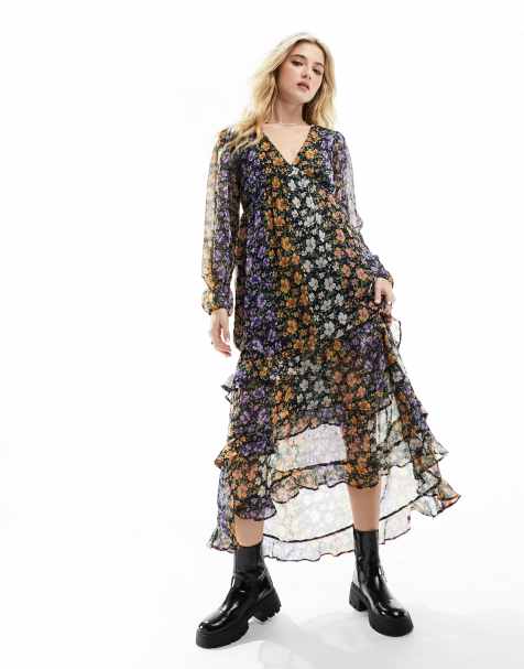 Urban Bliss Black Floral Tiered Midi Smock Dress