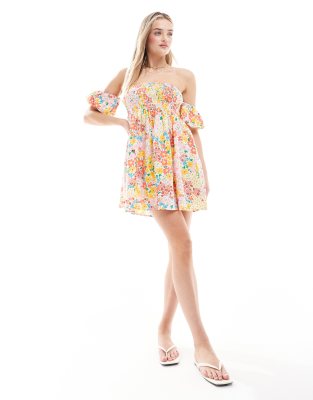 Wednesday's Girl ditsy print shirred off shoulder mini dress in yellow-Multi