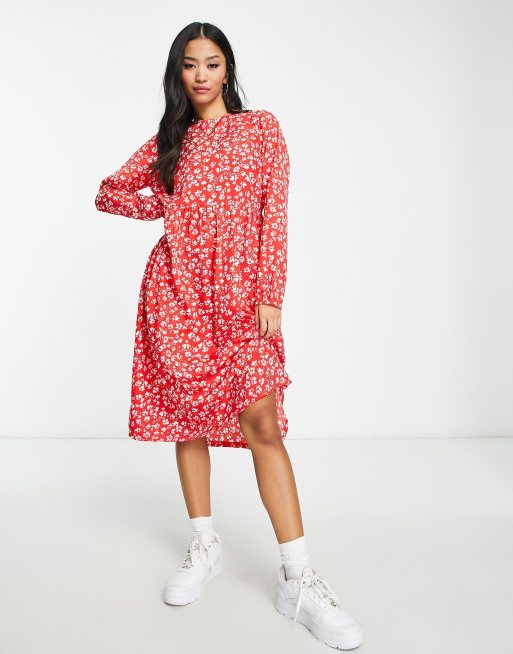 Wednesday s Girl ditsy print tiered midi dress in red