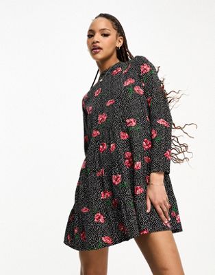 Wednesday’s Girl ditsy spot print tiered mini smock dress in red and black