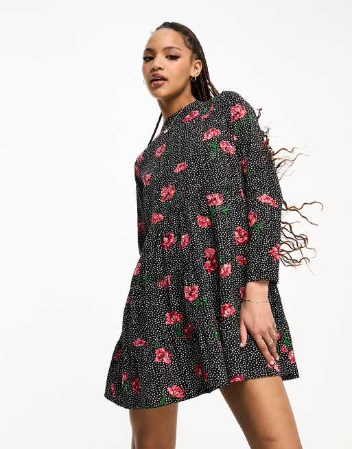 Wednesday's Girl ditsy spot print tiered mini smock dress in red and ...