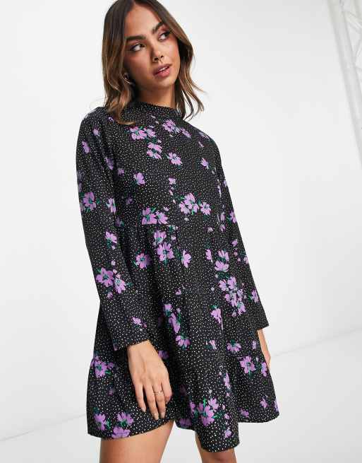 Wednesday's Girl ditsy spot print tiered mini smock dress in violet and ...