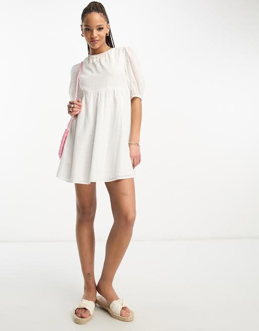 puff sleeve dobby cotton mini dress Wednesday's Girl dobby cotton puff sleeve mini smock dress in white