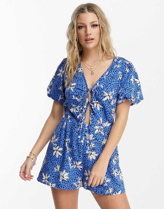 Wednesday's Girl dotty floral print romper in cornflower blue