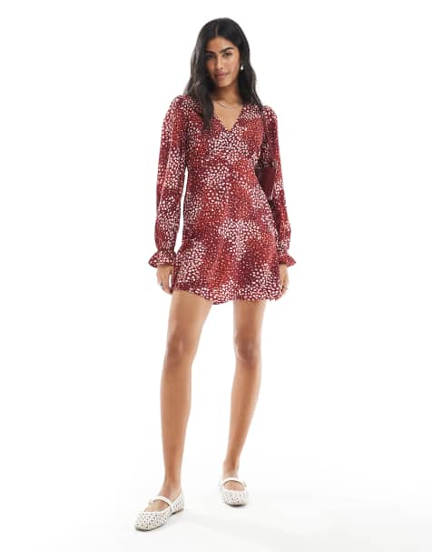 Wednesday's Girl dotty print v-neck mini dress in burgundy and pink - view 1