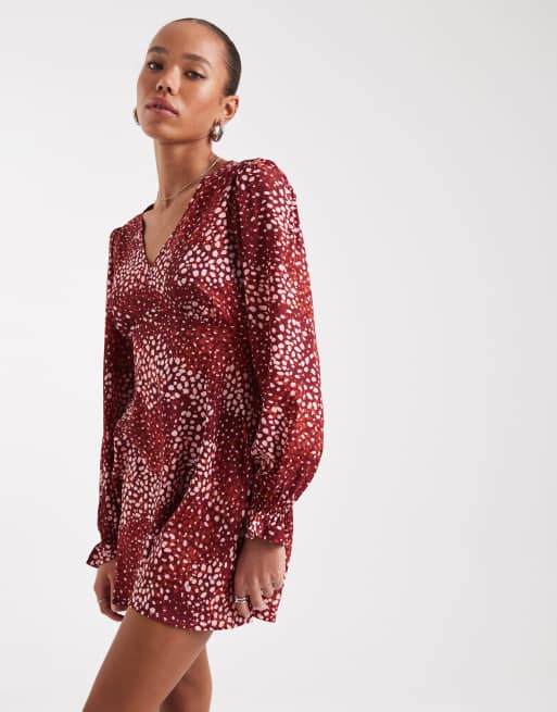 Wednesday's Girl dotty print v-neck mini dress in burgundy and pink | ASOS
