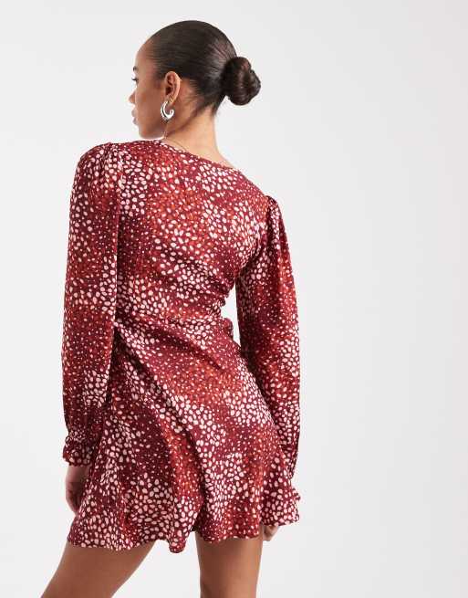 Wednesday's Girl dotty print v-neck mini dress in burgundy and pink | ASOS