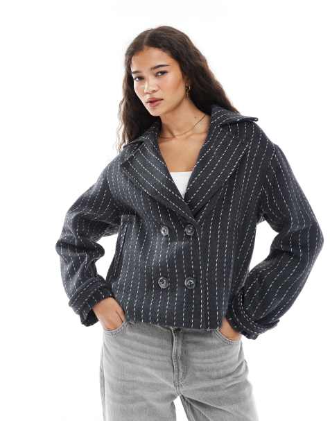 Wednesday's Girl double breasted pinstripe jacket in grey