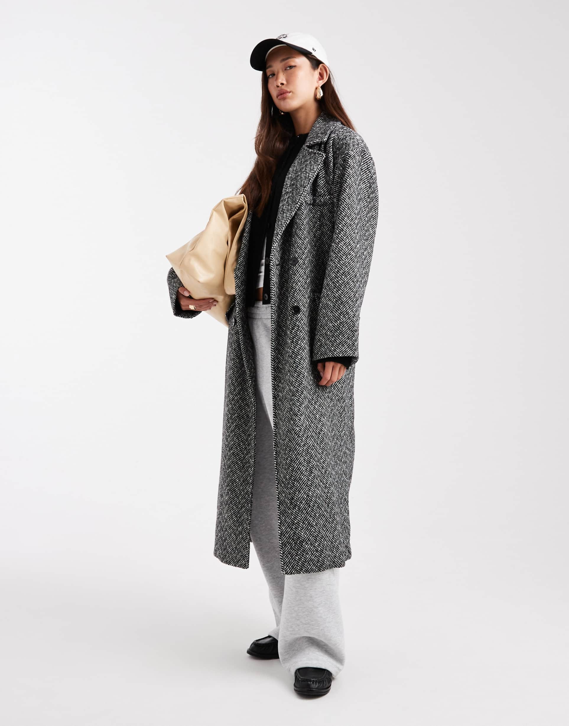 wednesday's girl double breated longline tweed coat in gray