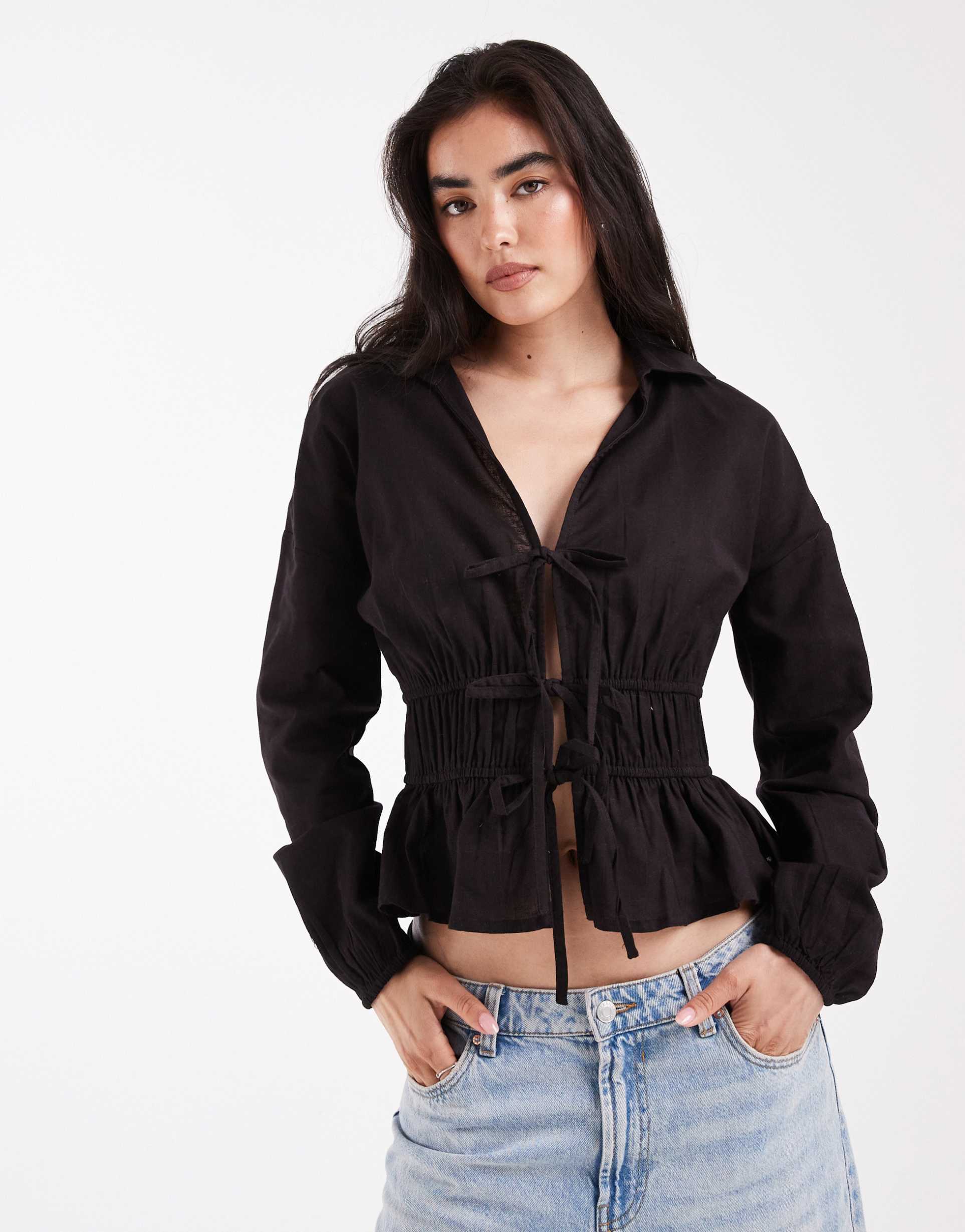 wednesday's girl double tie front blouse in black