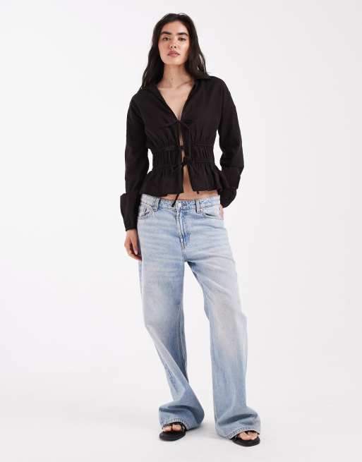 Wednesday's Girl double tie front blouse in black, 2 of 4
