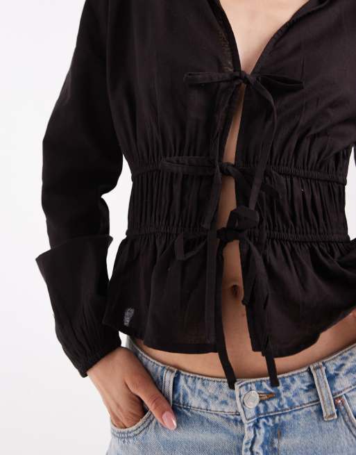 Wednesday's Girl double tie front blouse in black, 4 of 4