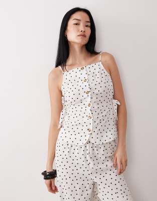 Durchgeknöpftes Camisole-Top in Weiß mit Punktemuster und Bindedetail, Kombiteil Weiß L