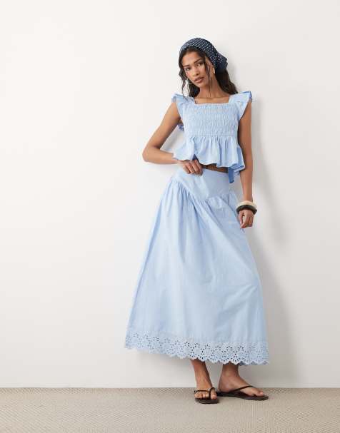 Wednesday's Girl - Falda semilarga azul pálido con volantes en los bordes de popelina (parte de un conjunto) - view 1