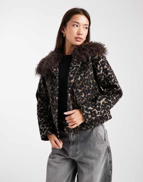 Wednesday's Girl faux fur trim leopard print jacket in brown - view 1
