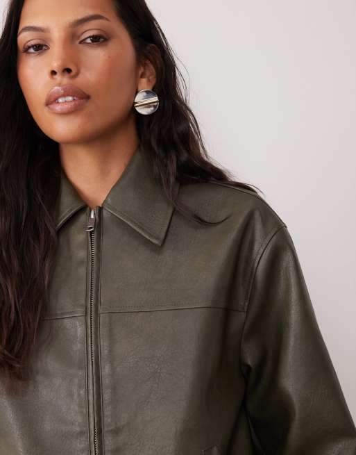 Wednesdays Girl faux leather collared jacket in khaki, 3 of 4