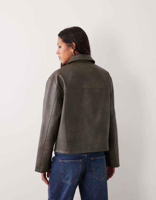 Wednesdays Girl faux leather collared jacket in khaki, 4 of 4