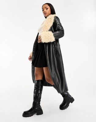 Wednesday's Girl faux leather fur trimmed belted midaxi coat in black and beige