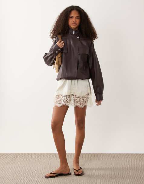 Wednesdays Girl faux leather oversized pocket detail jacket in plum - view 1