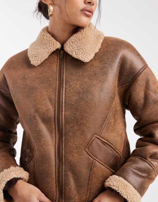Wednesday's Girl faux shearling boxy jacket in tan, 2 of 4