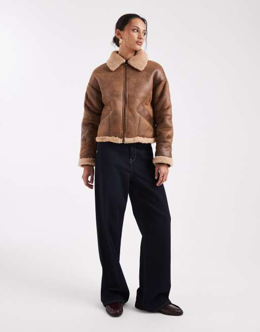 Wednesday's Girl faux shearling boxy jacket in tan, 3 of 4