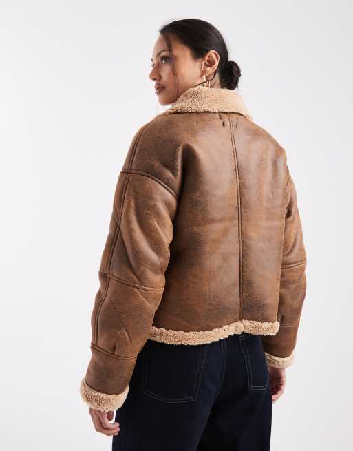 Wednesday's Girl faux shearling boxy jacket in tan, 4 of 4
