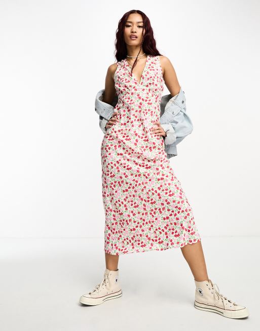 Wednesday s Girl Figurbetontes wadenlanges Kleid in WeiB mit Vintage Blumenmuster ASOS