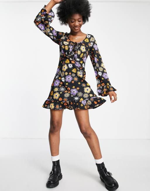 Wednesday's Girl fit flare mini tea dress in 70s floral print