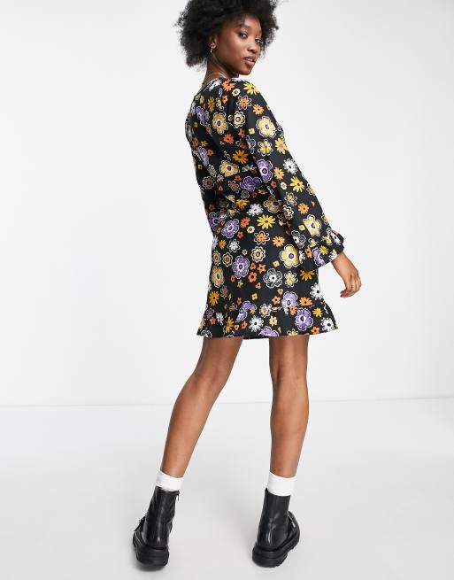 Wednesday's Girl fit flare mini tea dress in 70s floral print