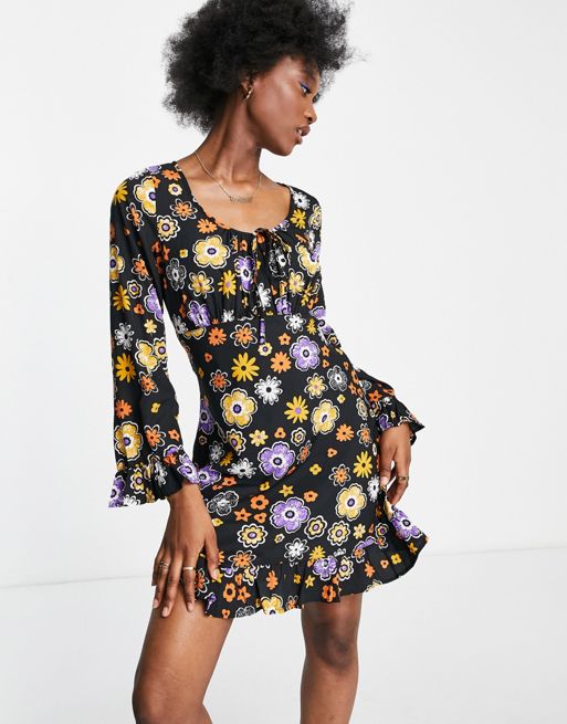 Tall 70s Floral Print Flare Sleeve Mini Dress