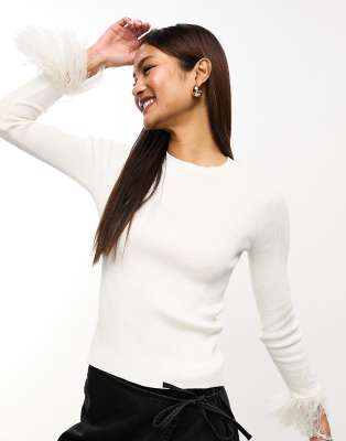 Wednesday's Girl fitted rib jumper with fluffy cuffs in cream