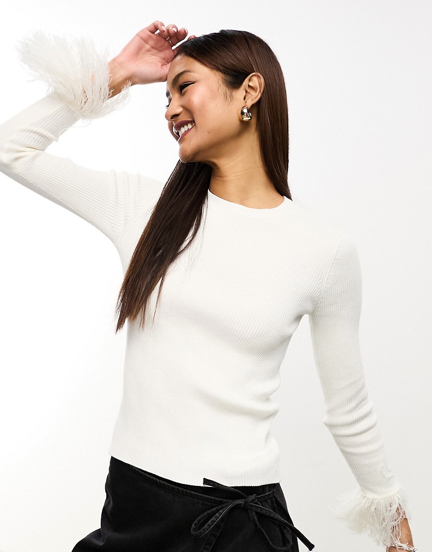 Wednesday’s Girl fitted rib jumper with fluffy cuffs in cream-White