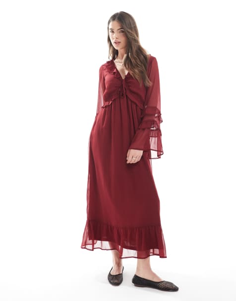 Wednesday's Girl - Flagrende bordeauxrød midaxi-kjole med v-hals - view 1