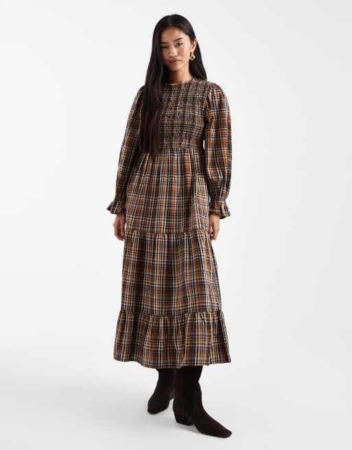 Wednesday's Girl - Flerfarvet smock-kjole i midaxi-længde med tern og rynker